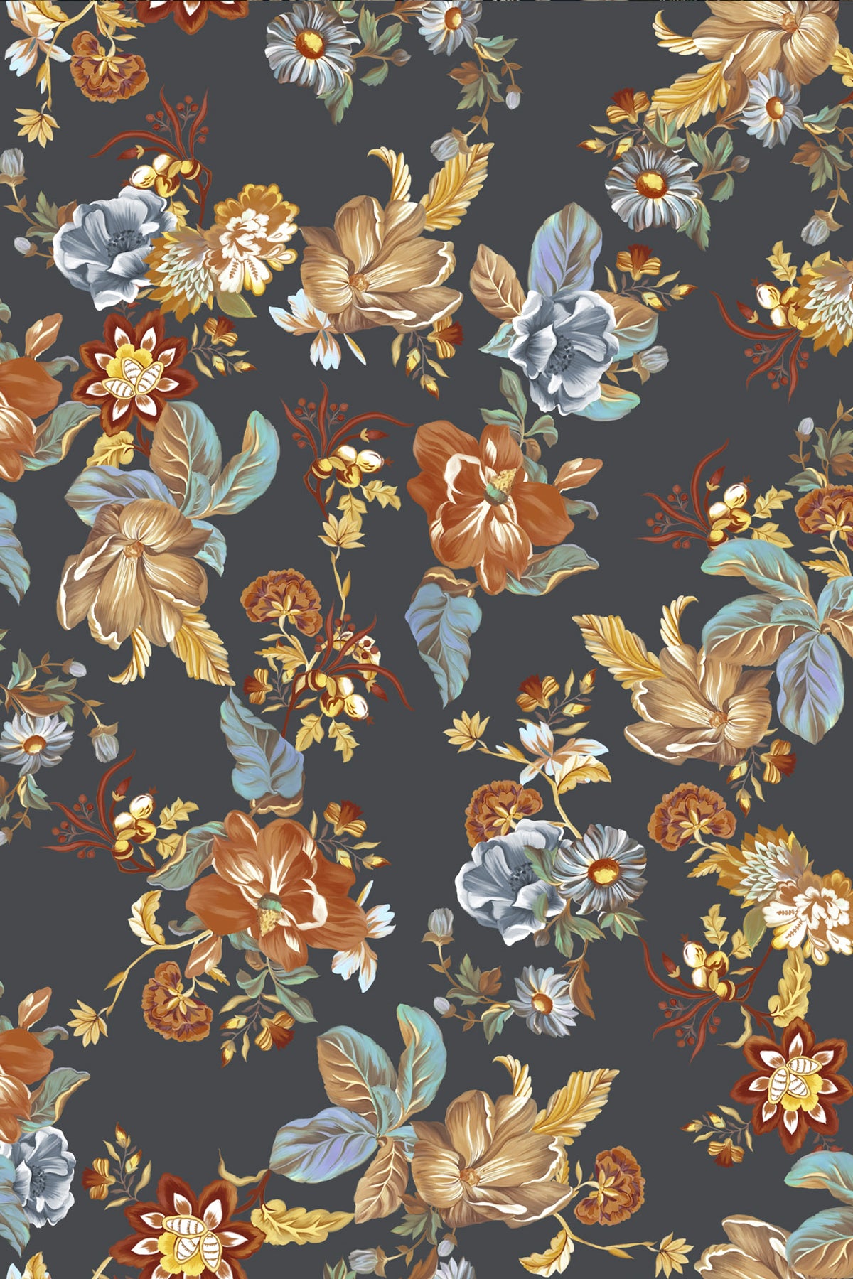 A repeating floral pattern on a dark charcoal gray background, featuring large cream, tan, rust orange, and muted blue flowers with green and yellow leaves.