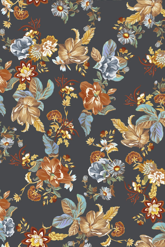 A repeating floral pattern on a dark charcoal gray background, featuring large cream, tan, rust orange, and muted blue flowers with green and yellow leaves.