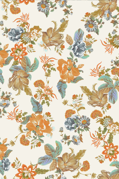 A repeating floral pattern on a warm off-white background, featuring large orange flowers, muted blue-gray blossoms, tan leaves, and green foliage.
