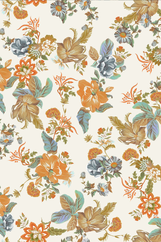 A repeating floral pattern on a warm off-white background, featuring large orange flowers, muted blue-gray blossoms, tan leaves, and green foliage.