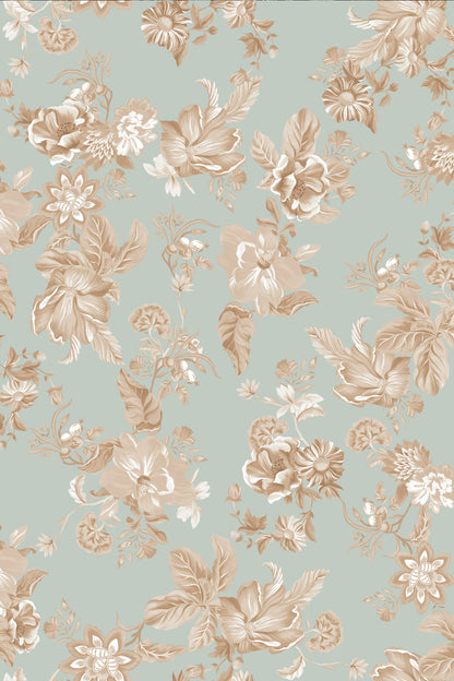 A repeating floral toile pattern with beige and cream flowers and leaves on a muted sage green background.