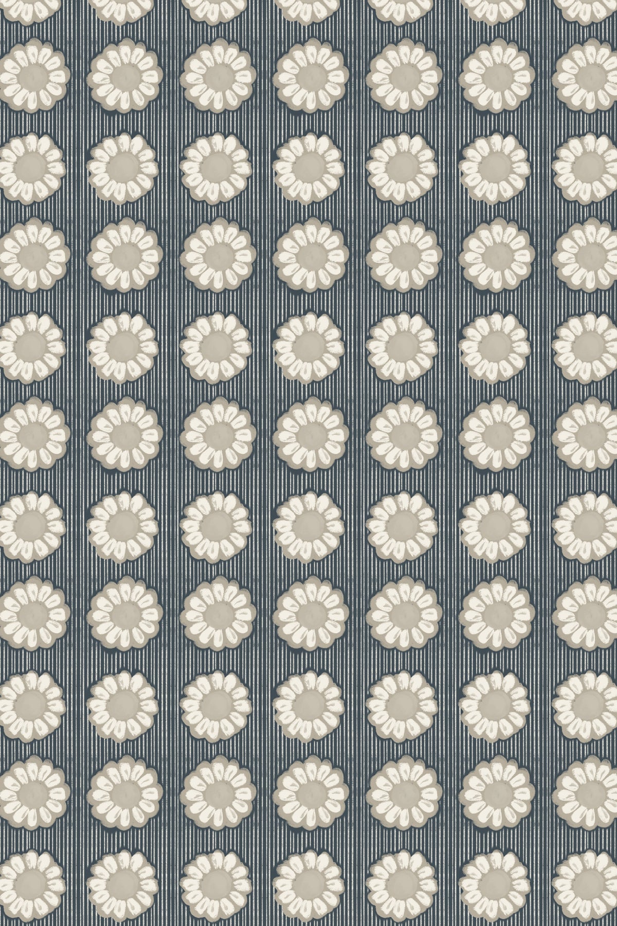 A repeating fabric or wallpaper pattern featuring cream-colored daisy-like floral motifs on a muted blue-gray striped background.
