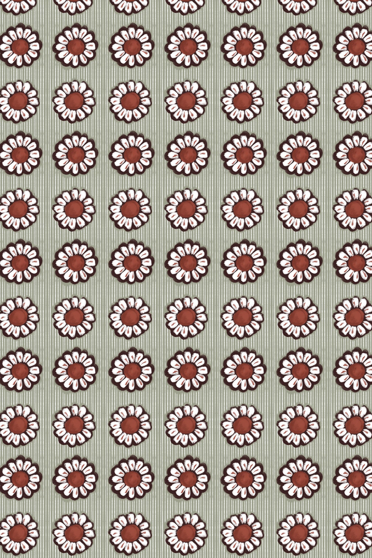 A repeating floral pattern featuring white daisy-like flowers with brown centers and dark outlines, arranged in rows on a muted sage green background.