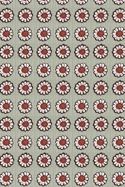 A repeating floral pattern featuring white daisy-like flowers with brown centers and dark outlines, arranged in rows on a muted sage green background.