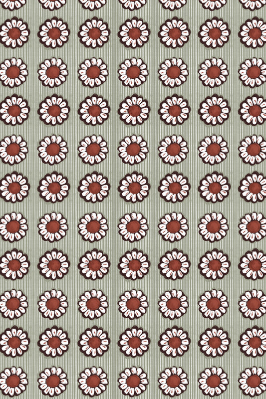 A repeating floral pattern featuring white daisy-like flowers with brown centers and dark outlines, arranged in rows on a muted sage green background.