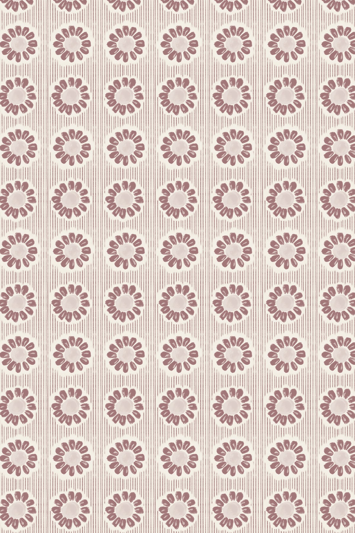 A repeating floral pattern with muted mauve-pink flower motifs on a warm beige background with fine vertical striations.