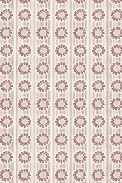 A repeating floral pattern with muted mauve-pink flower motifs on a warm beige background with fine vertical striations.