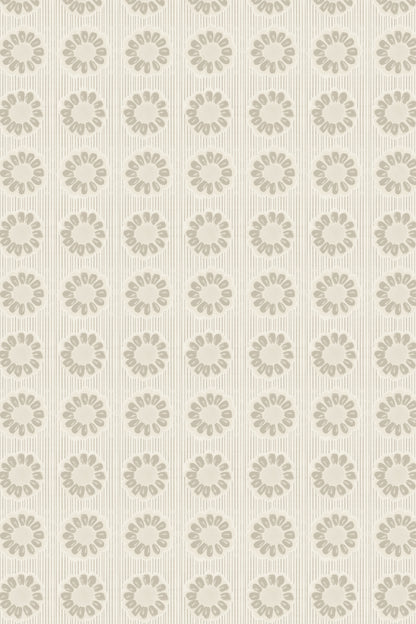 A repeating pattern of small beige flower-like motifs on a warm off-white background with subtle vertical texture.