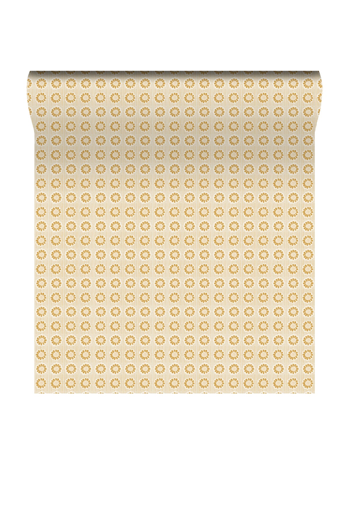 A roll of wrapping paper with a repeating pattern of small gold floral medallions on a warm cream background, shown against a plain white background.