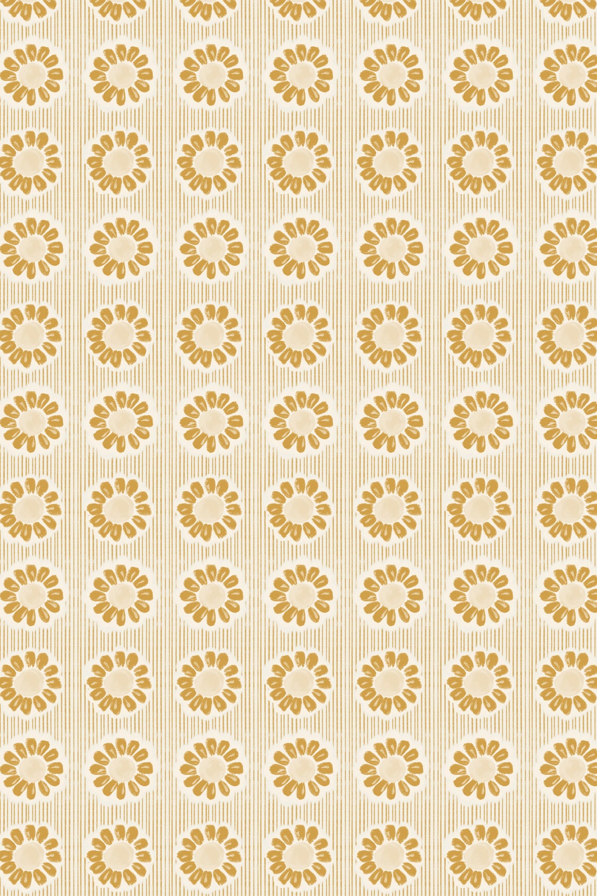 A repeating pattern of mustard yellow daisy-like flowers on a warm beige background with fine vertical stripes.