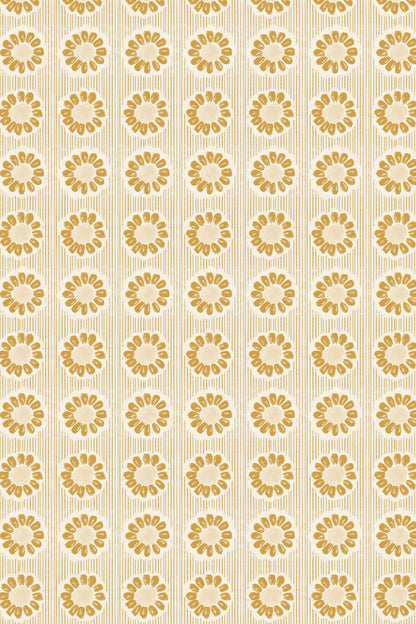 A repeating pattern of mustard yellow daisy-like flowers on a warm beige background with fine vertical stripes.
