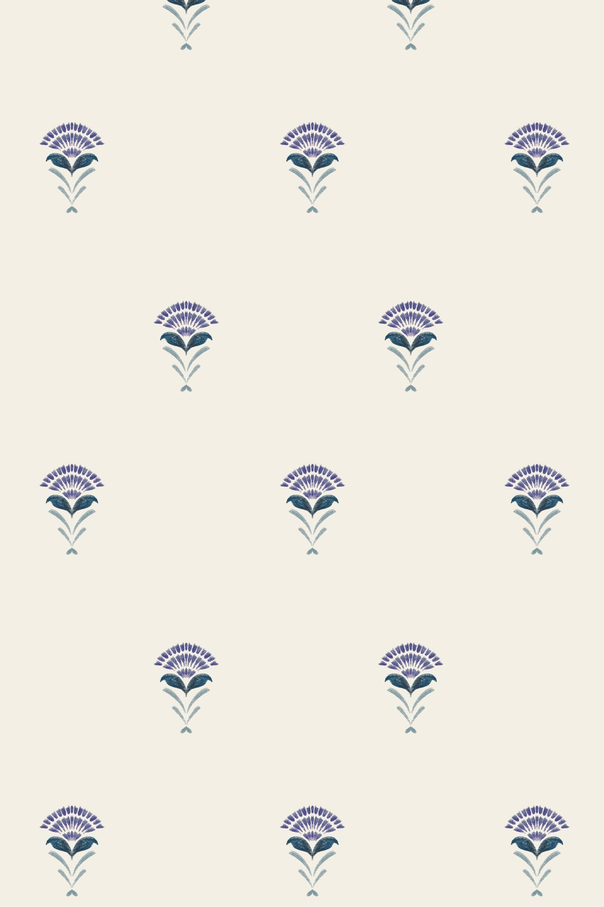 A repeating floral pattern on a warm cream background, featuring stylized flower motifs in muted blue and purple.