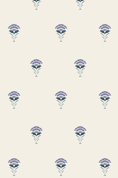 A repeating floral pattern on a warm cream background, featuring stylized flower motifs in muted blue and purple.