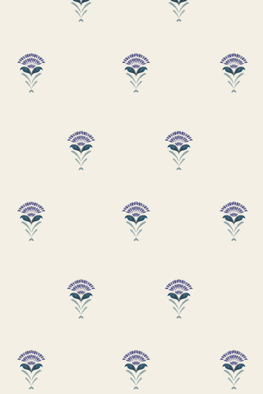 A repeating floral pattern on a warm cream background, featuring stylized flower motifs in muted blue and purple.