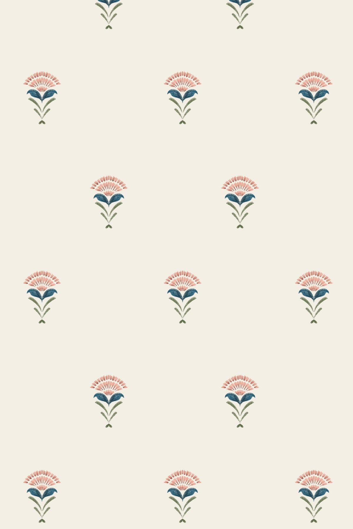 A repeating floral pattern on a warm cream background, featuring small flower motifs in muted coral pink, teal blue, and olive green.