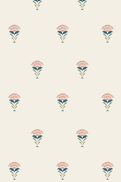 A repeating floral pattern on a warm cream background, featuring small flower motifs in muted coral pink, teal blue, and olive green.