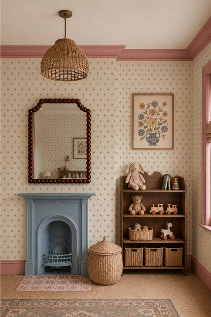 A styled nursery or children's room corner with cream wallpaper, pink trim, a blue fireplace, a woven pendant light, a wooden shelf with toys and baskets, and a patterned rug.