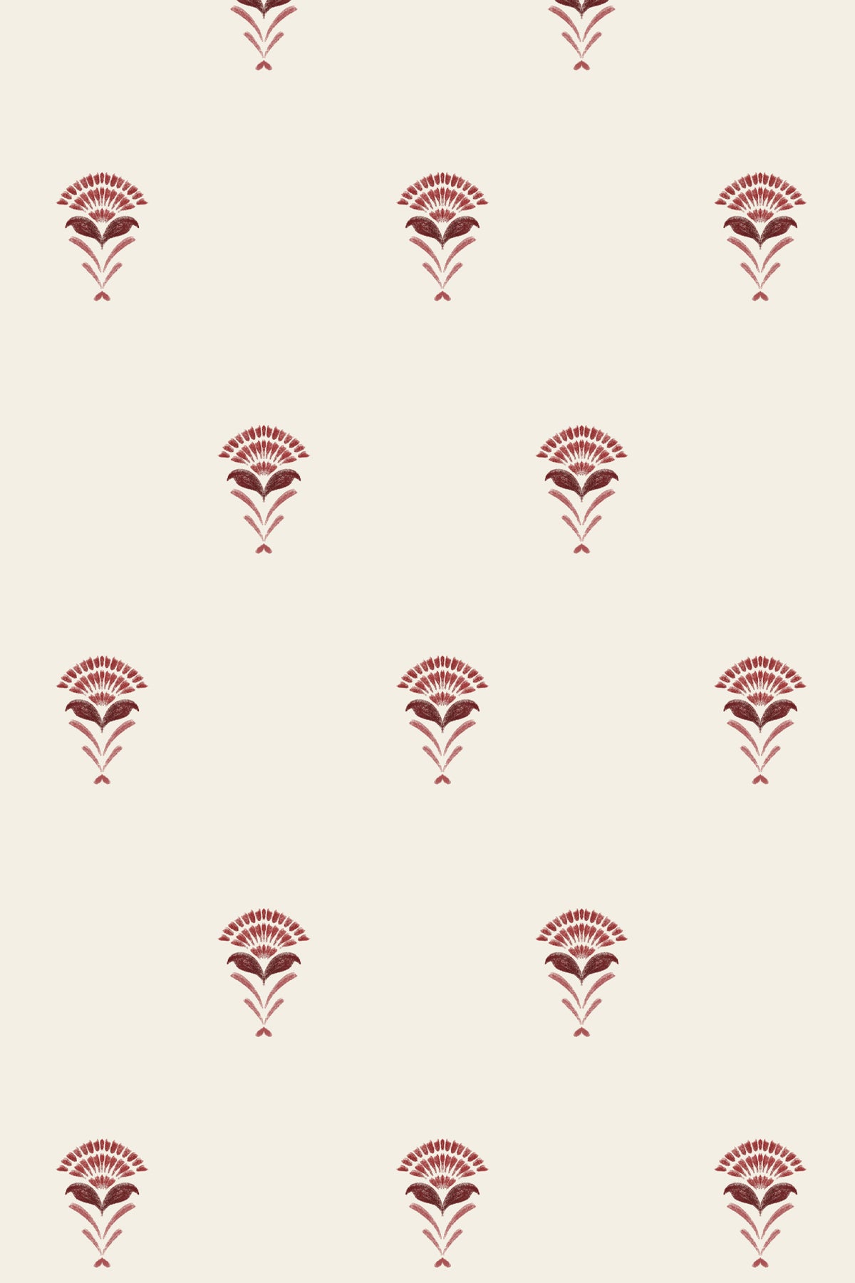 A repeating pattern of small dark red floral or fan-shaped motifs on a warm off-white background.