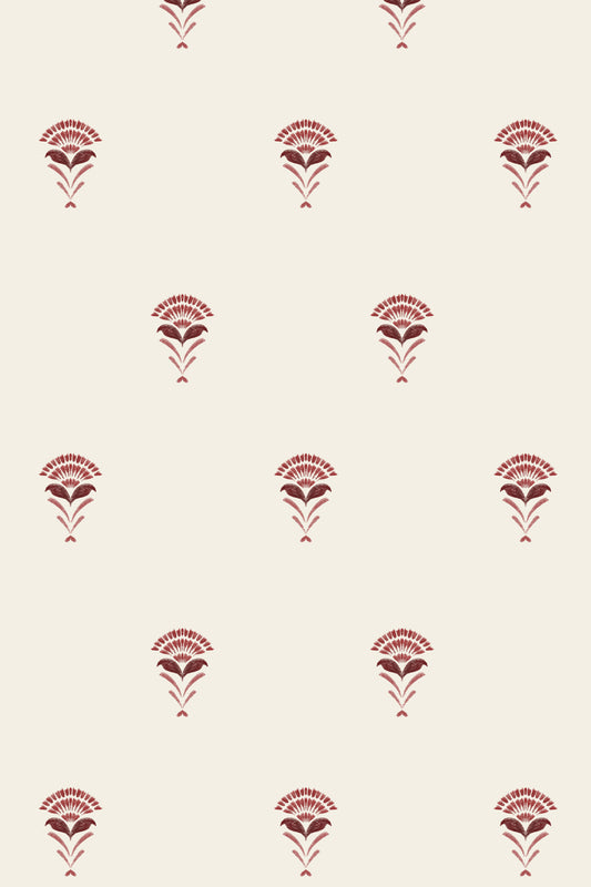 A repeating pattern of small dark red floral or fan-shaped motifs on a warm off-white background.
