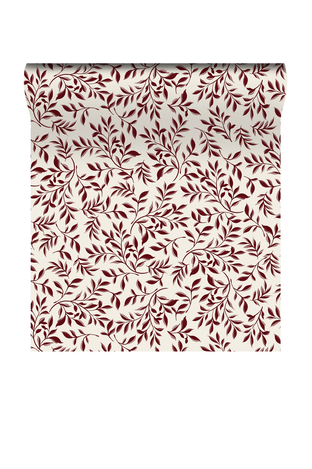 A roll of wallpaper featuring a repeating pattern of dark burgundy leafy vines on an off-white background.