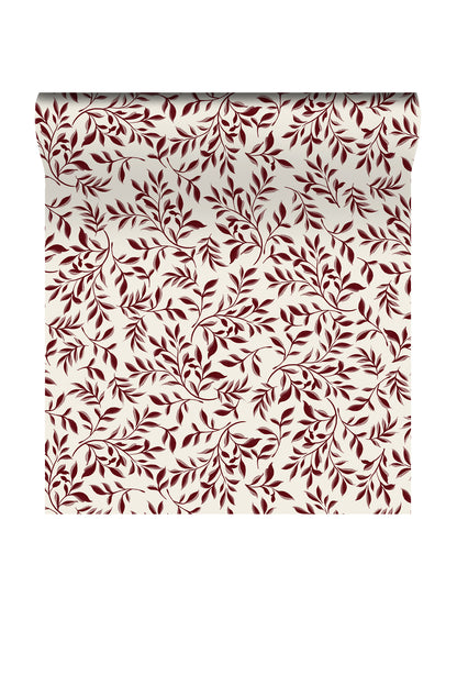 A roll of wallpaper featuring a repeating pattern of dark burgundy leafy vines on an off-white background.