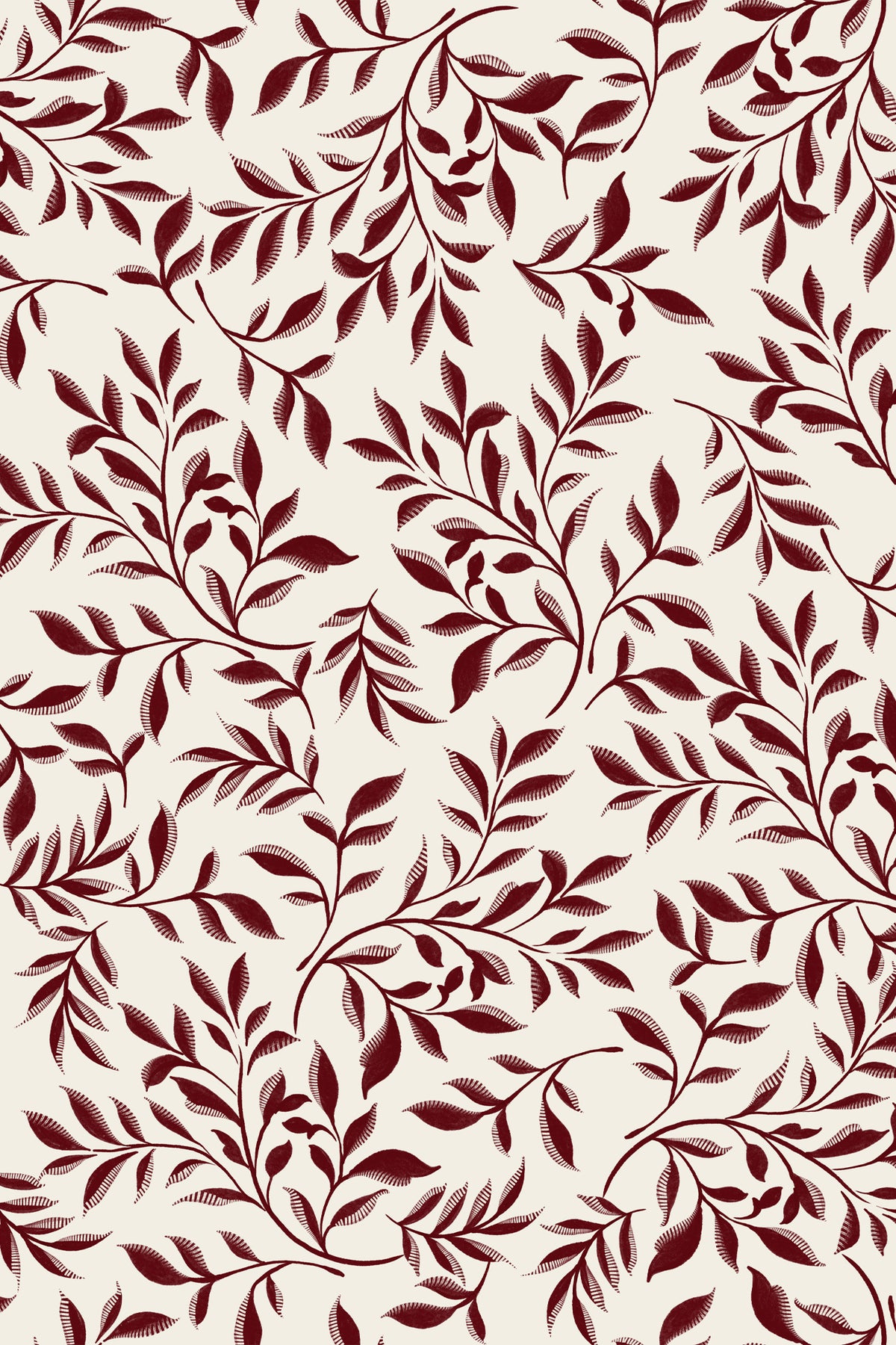 A repeating botanical pattern of dark burgundy leafy branches on a warm cream background.