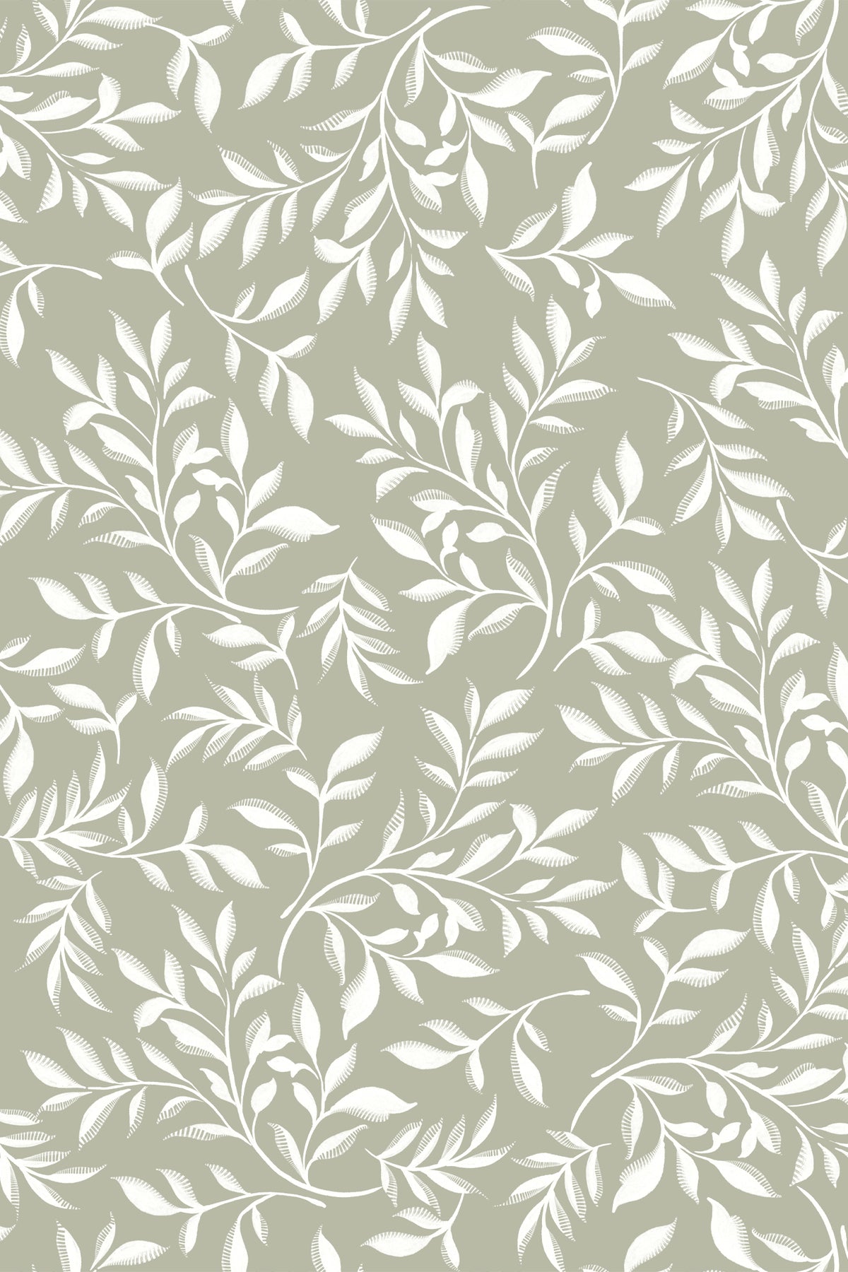 A repeating botanical pattern of white leafy branches over a muted sage green background.