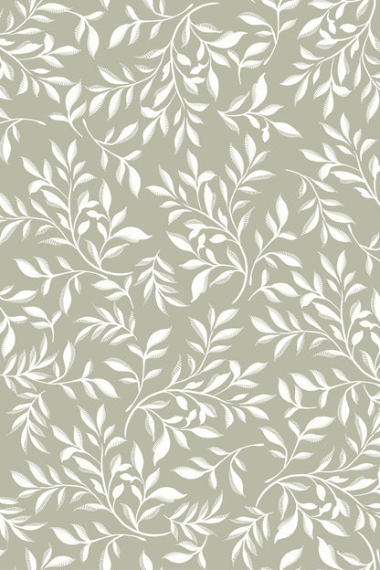 A repeating botanical pattern of white leafy branches over a muted sage green background.