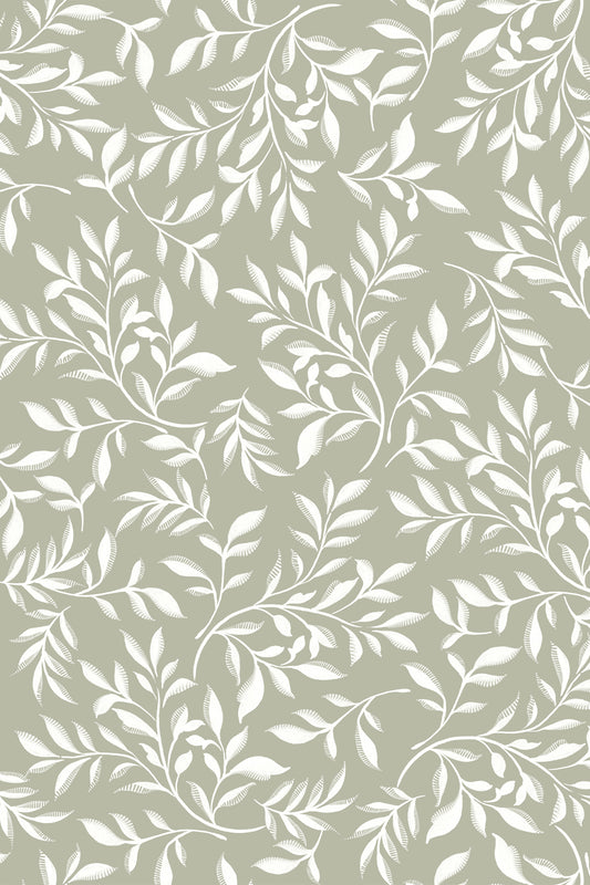 A repeating botanical pattern of white leafy branches over a muted sage green background.