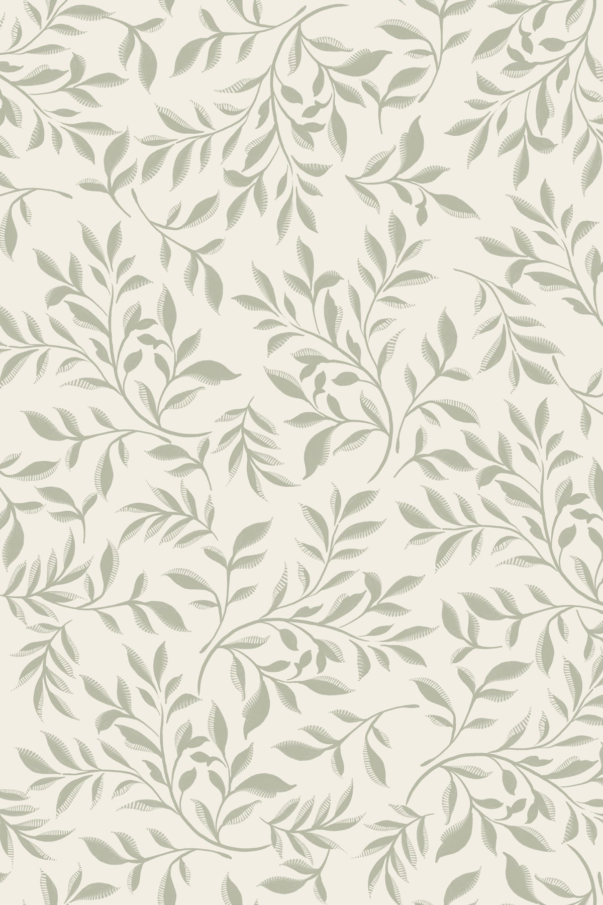 A repeating botanical pattern of muted sage green leafy branches on a warm off-white background.