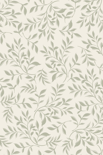 A repeating botanical pattern of muted sage green leafy branches on a warm off-white background.
