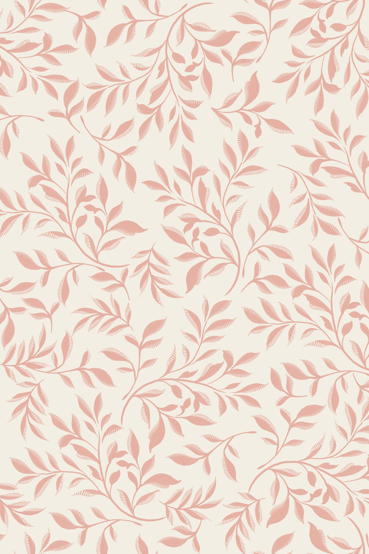 A repeating botanical pattern of delicate blush pink leafy branches on a warm cream background.