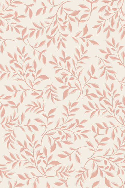 A repeating botanical pattern of delicate blush pink leafy branches on a warm cream background.