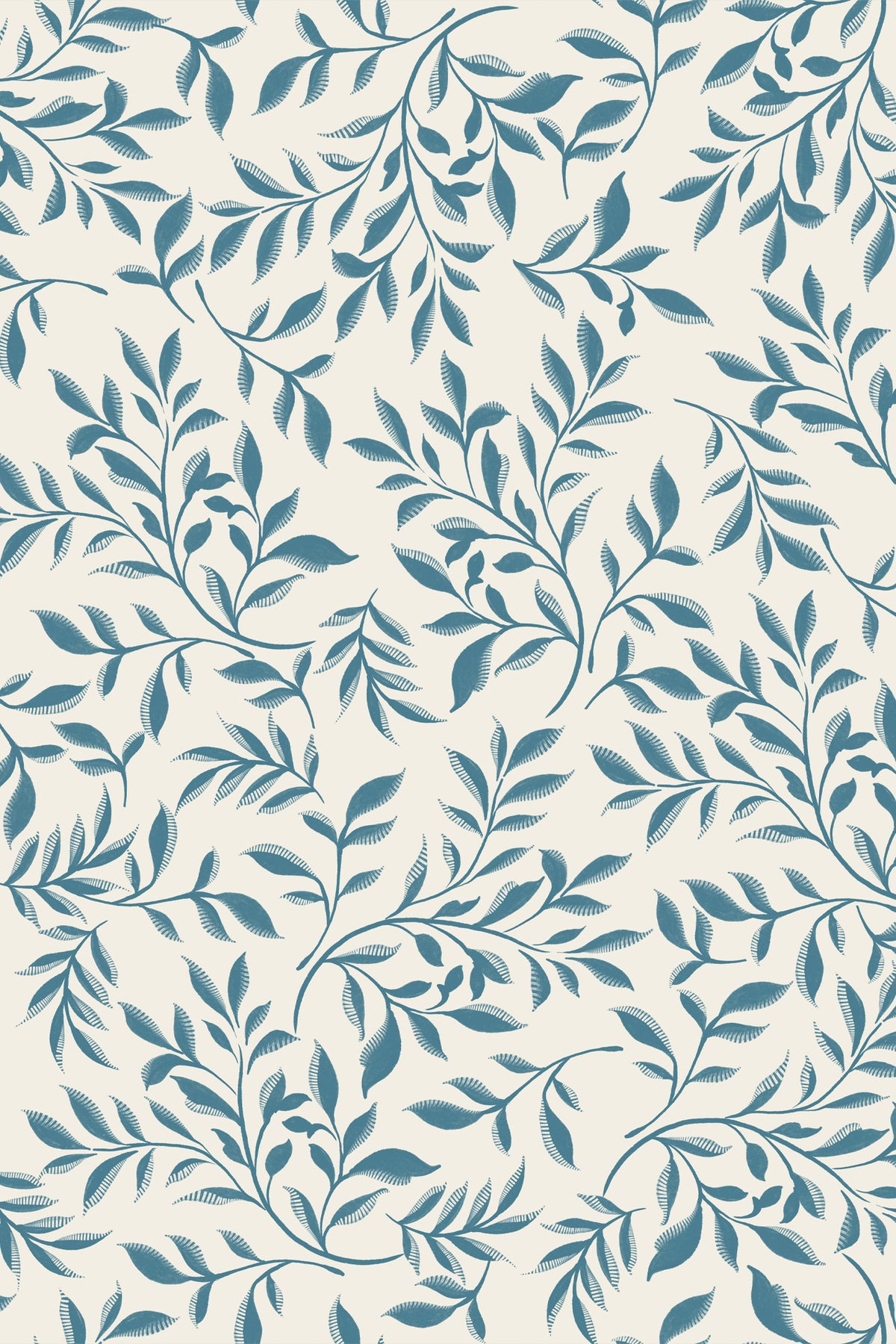 A repeating botanical pattern of blue leafy branches on an off-white background.