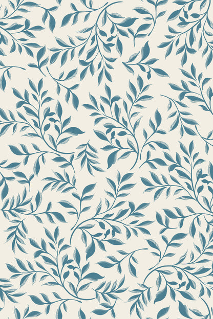 A repeating botanical pattern of blue leafy branches on an off-white background.