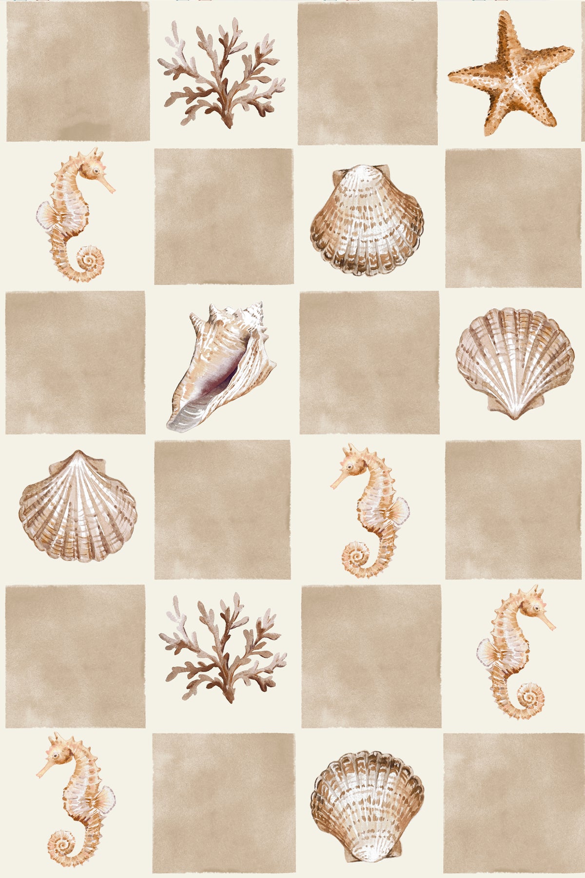 A repeating nautical pattern featuring beige squares with illustrated seashells, starfish, coral, and seahorses in soft tan, cream, and muted brown tones.