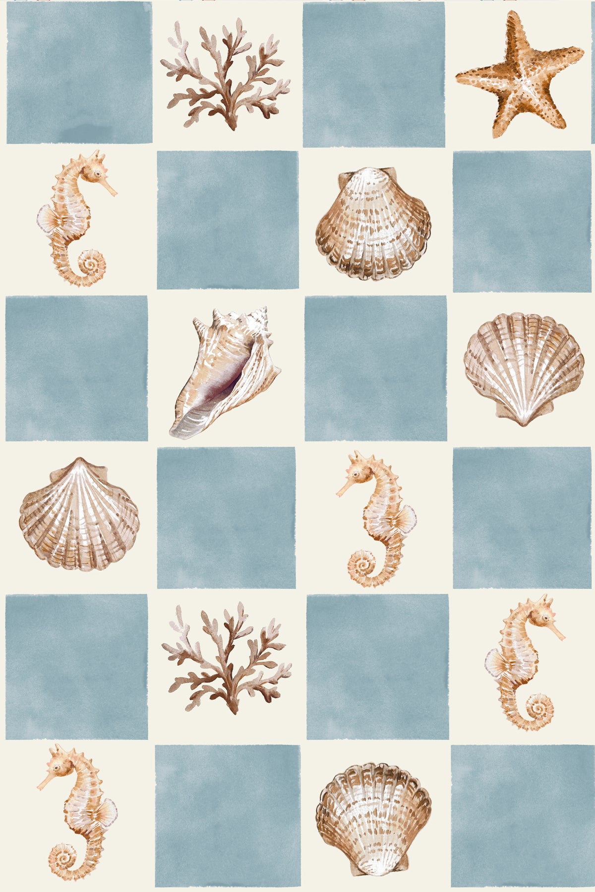 A repeating checkerboard pattern featuring light blue squares and cream squares, decorated with seashell, seahorse, coral, and starfish illustrations in beige and muted brown tones.