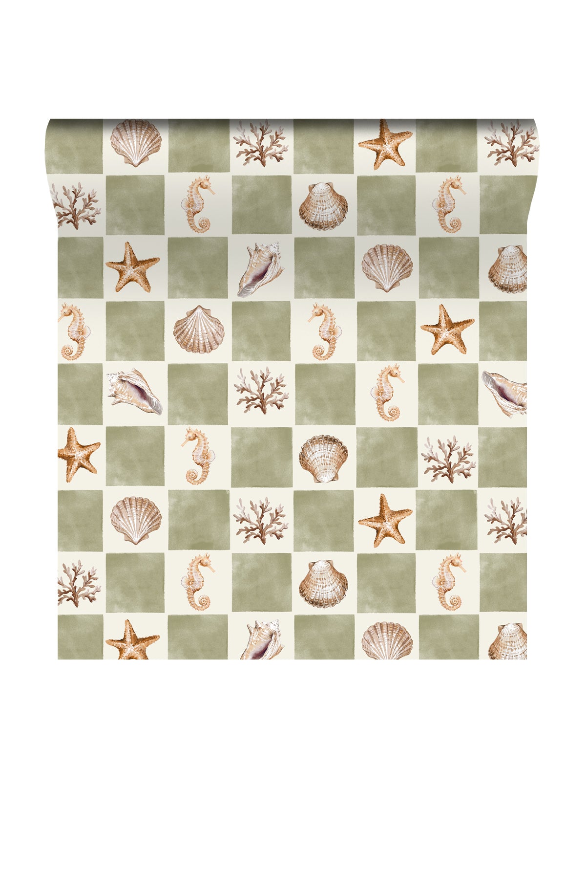 A roll of wrapping paper featuring a checkered pattern of sage green, cream, and beige squares decorated with seashell, starfish, and seahorse illustrations.