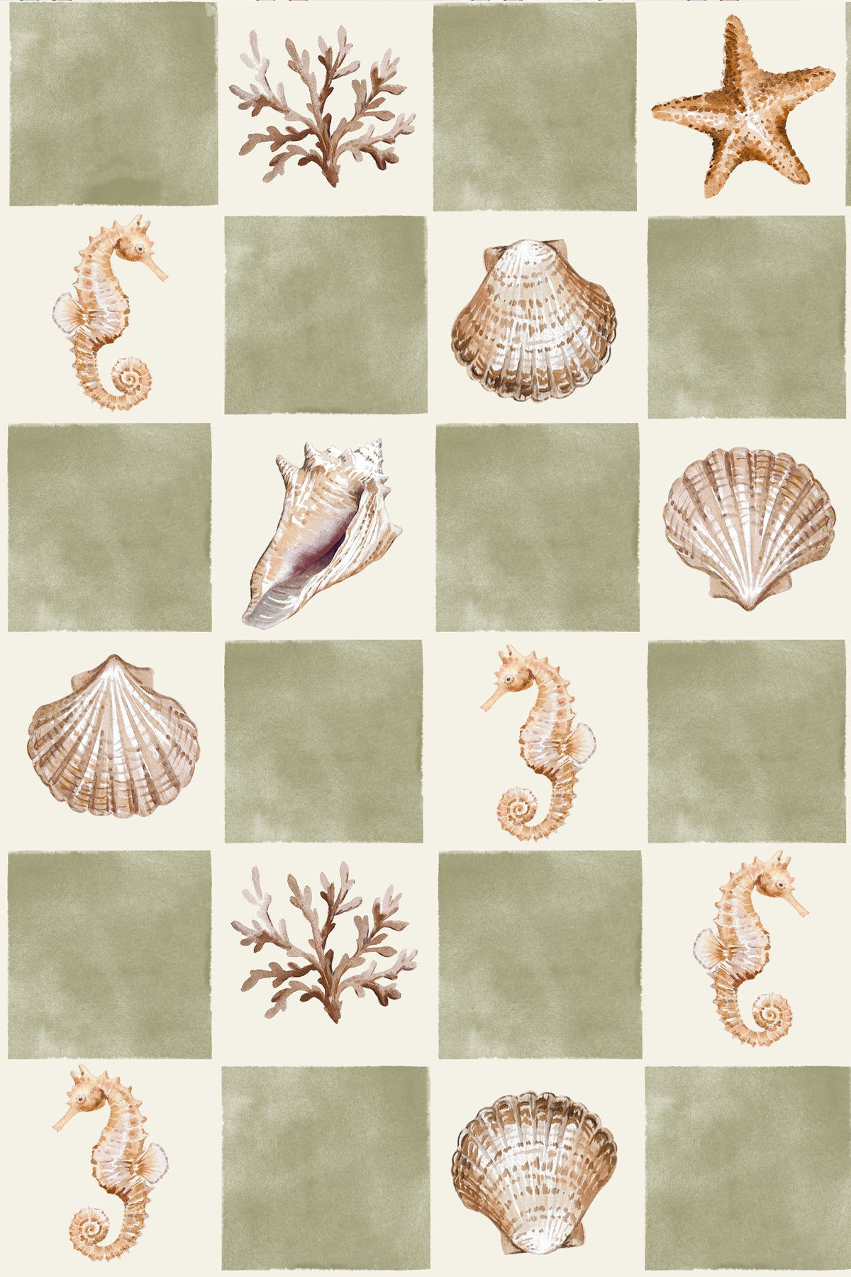 A repeating grid pattern featuring beige and sage green squares, with illustrations of seashells, coral, starfish, and seahorses in soft natural tones.