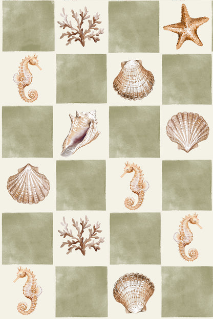 A repeating grid pattern featuring beige and sage green squares, with illustrations of seashells, coral, starfish, and seahorses in soft natural tones.