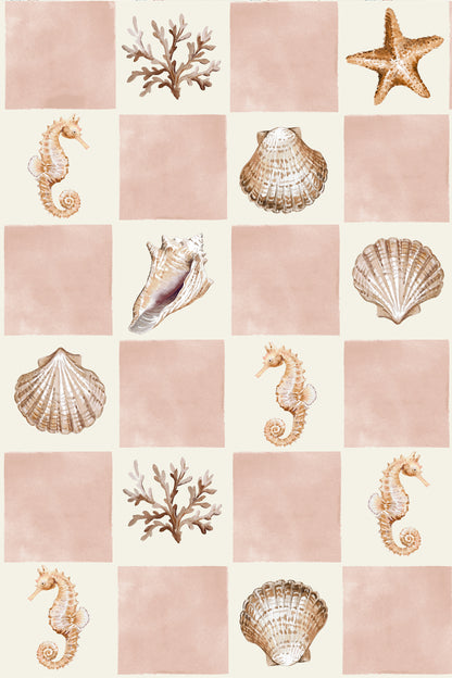 A repeating nautical pattern featuring beige and blush pink squares with illustrated seahorses, scallop shells, coral, and a starfish.