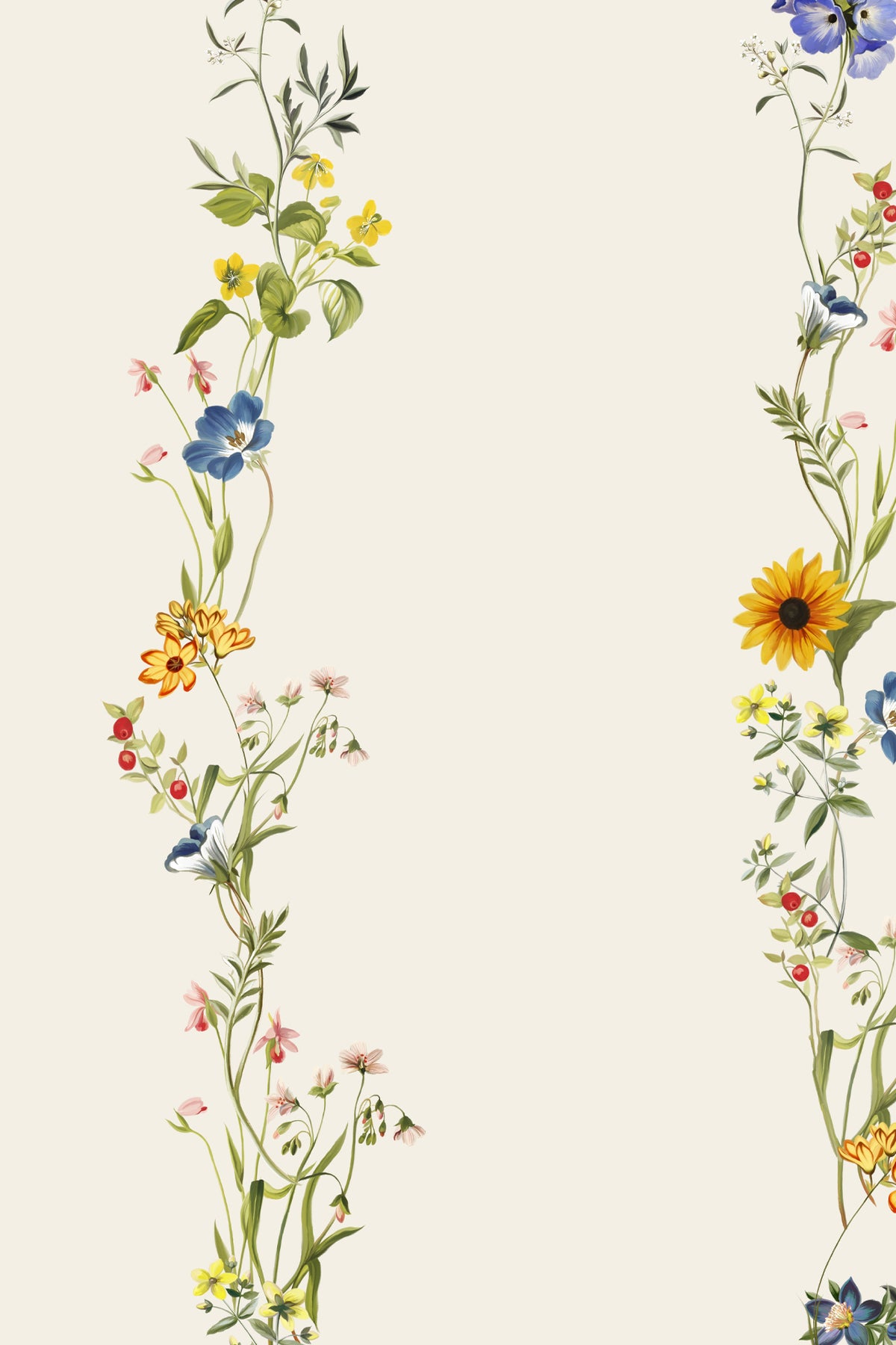 A botanical floral pattern featuring vertical garlands of wildflowers including yellow, blue, pink, and orange blossoms with green leaves on a warm cream background.