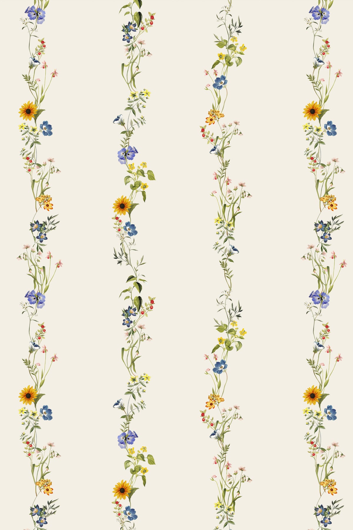 A repeating floral pattern with vertical strands of wildflowers on a warm off-white background. The flowers include yellow sunflowers, blue blossoms, and small pink and orange flowers with green stems and leaves.