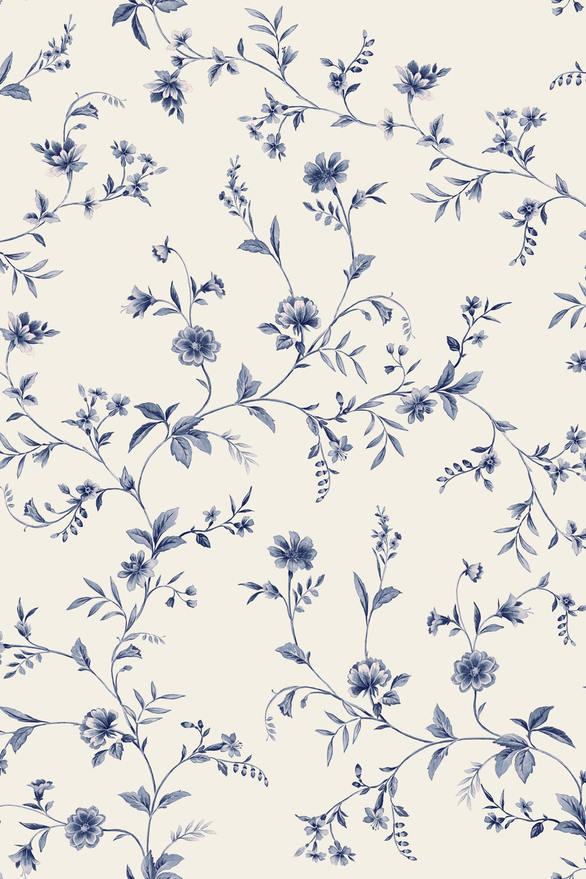 A repeating floral toile pattern with delicate blue flowers and leaves on an off-white background.