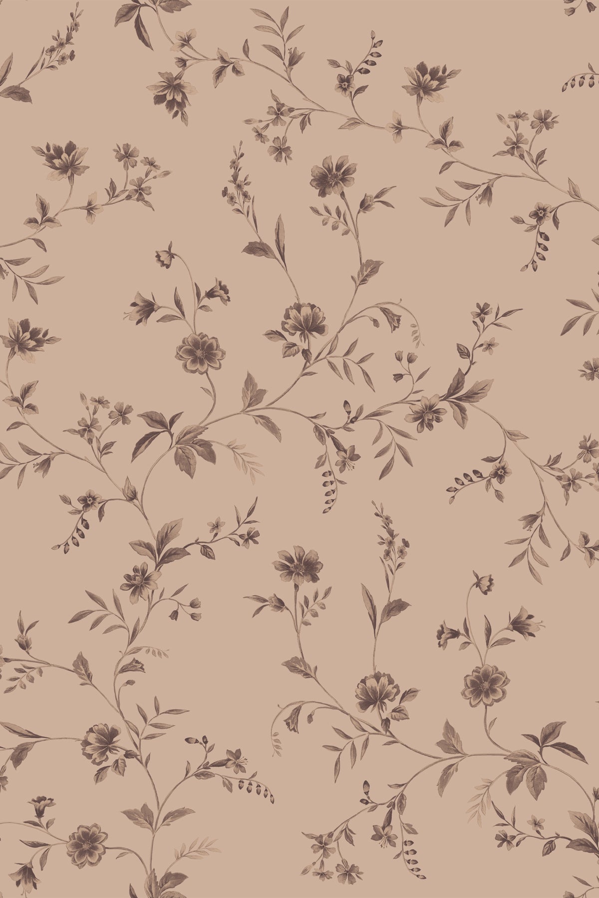 A repeating floral pattern with delicate brown vines, leaves, and small flowers on a warm beige background.