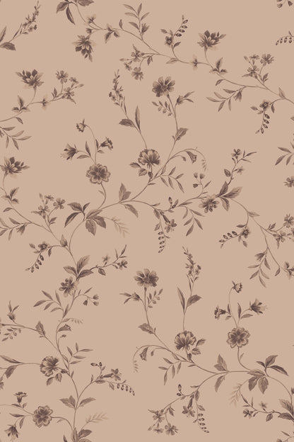 A repeating floral pattern with delicate brown vines, leaves, and small flowers on a warm beige background.