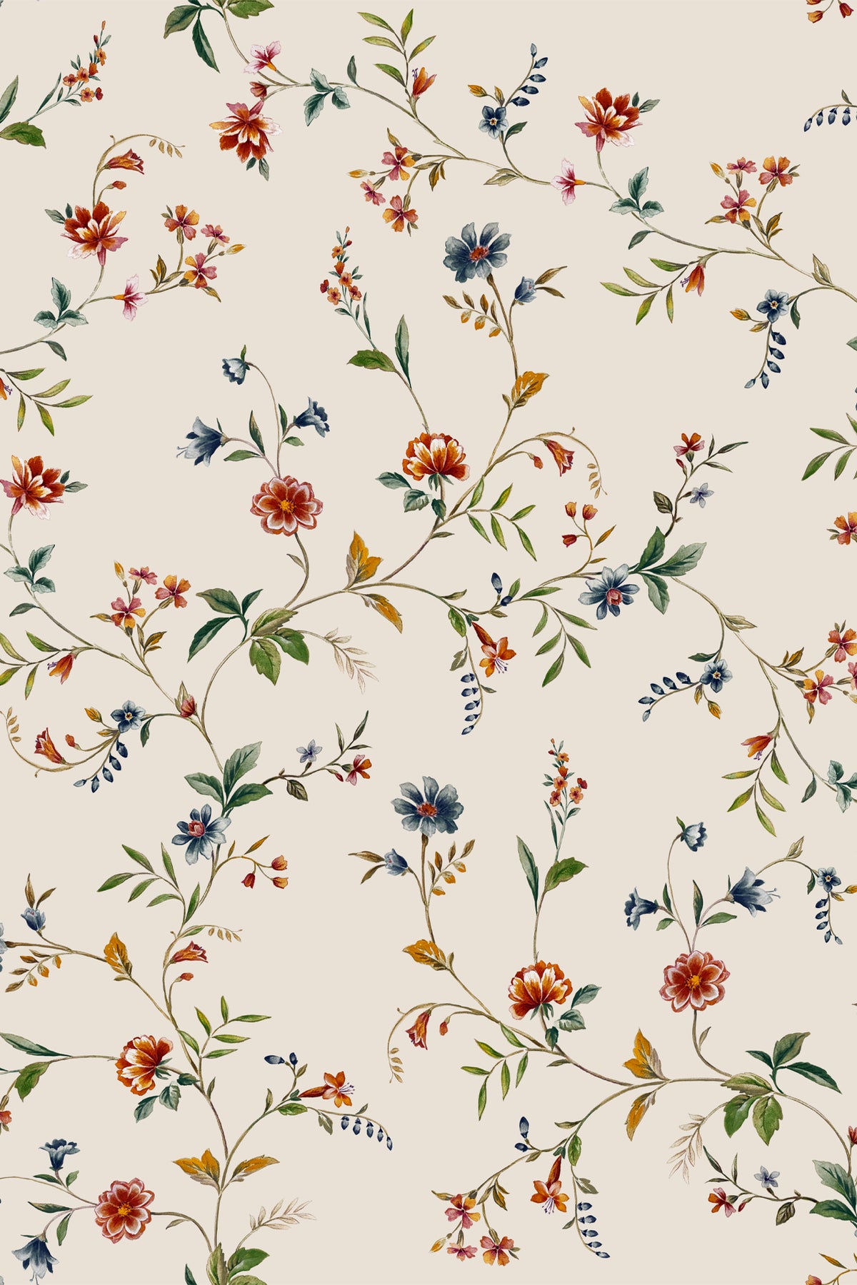 A repeating floral pattern on a warm cream background, featuring delicate vines with green leaves, small orange and red blossoms, muted blue flowers, and touches of yellow.