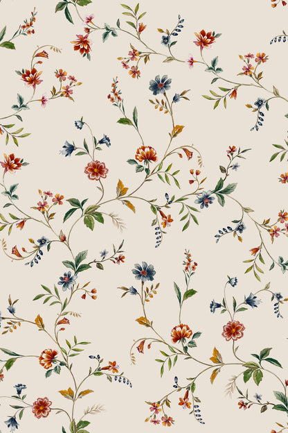 A repeating floral pattern on a warm cream background, featuring delicate vines with green leaves, small orange and red blossoms, muted blue flowers, and touches of yellow.