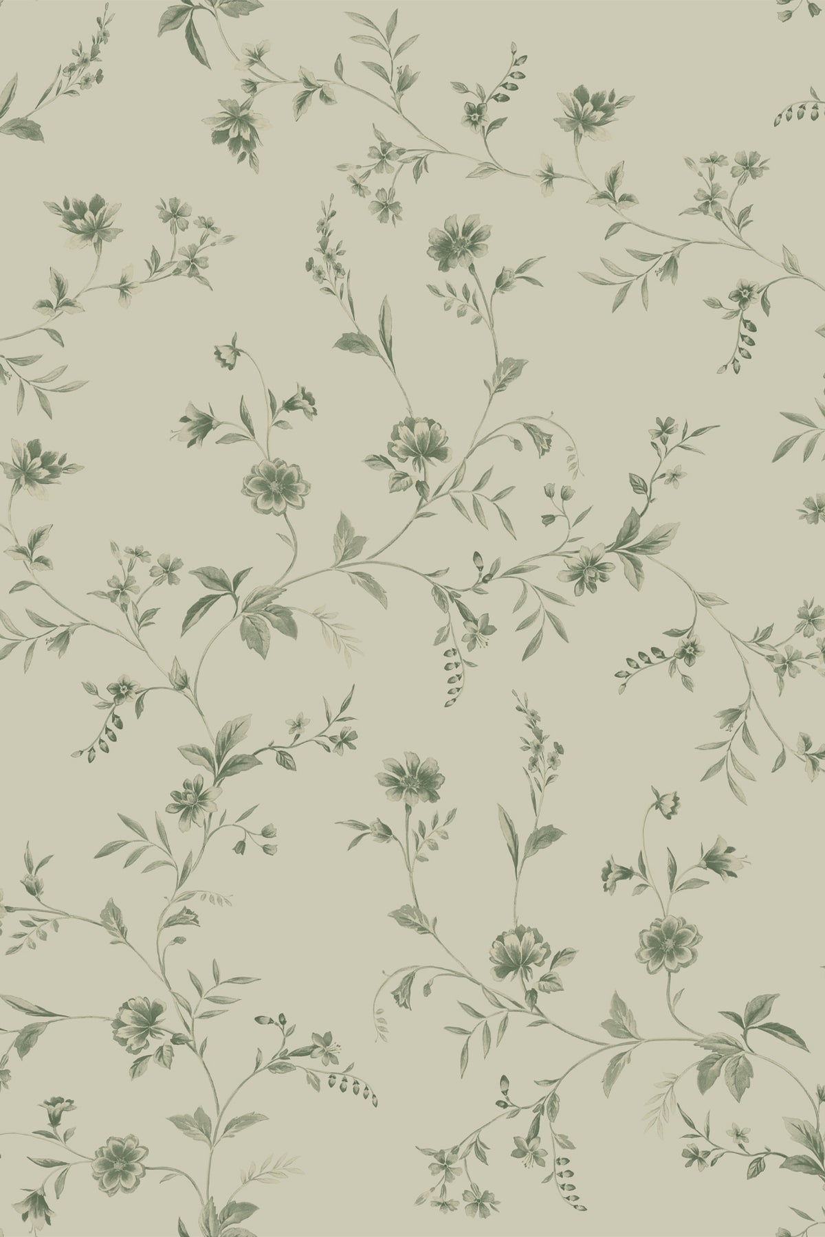 A repeating floral vine pattern in muted sage green on a warm light beige background, shown as a flat close-up of the surface design.