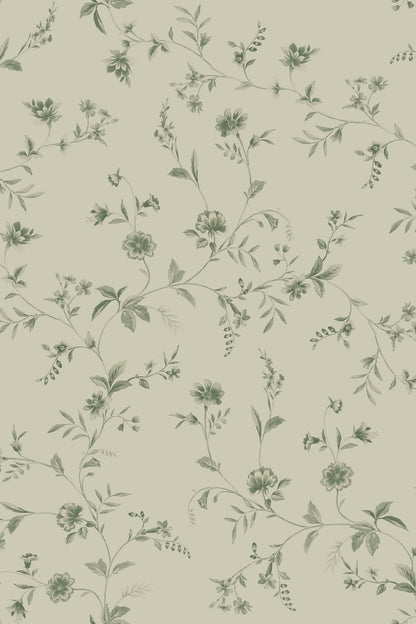 A repeating floral vine pattern in muted sage green on a warm light beige background, shown as a flat close-up of the surface design.